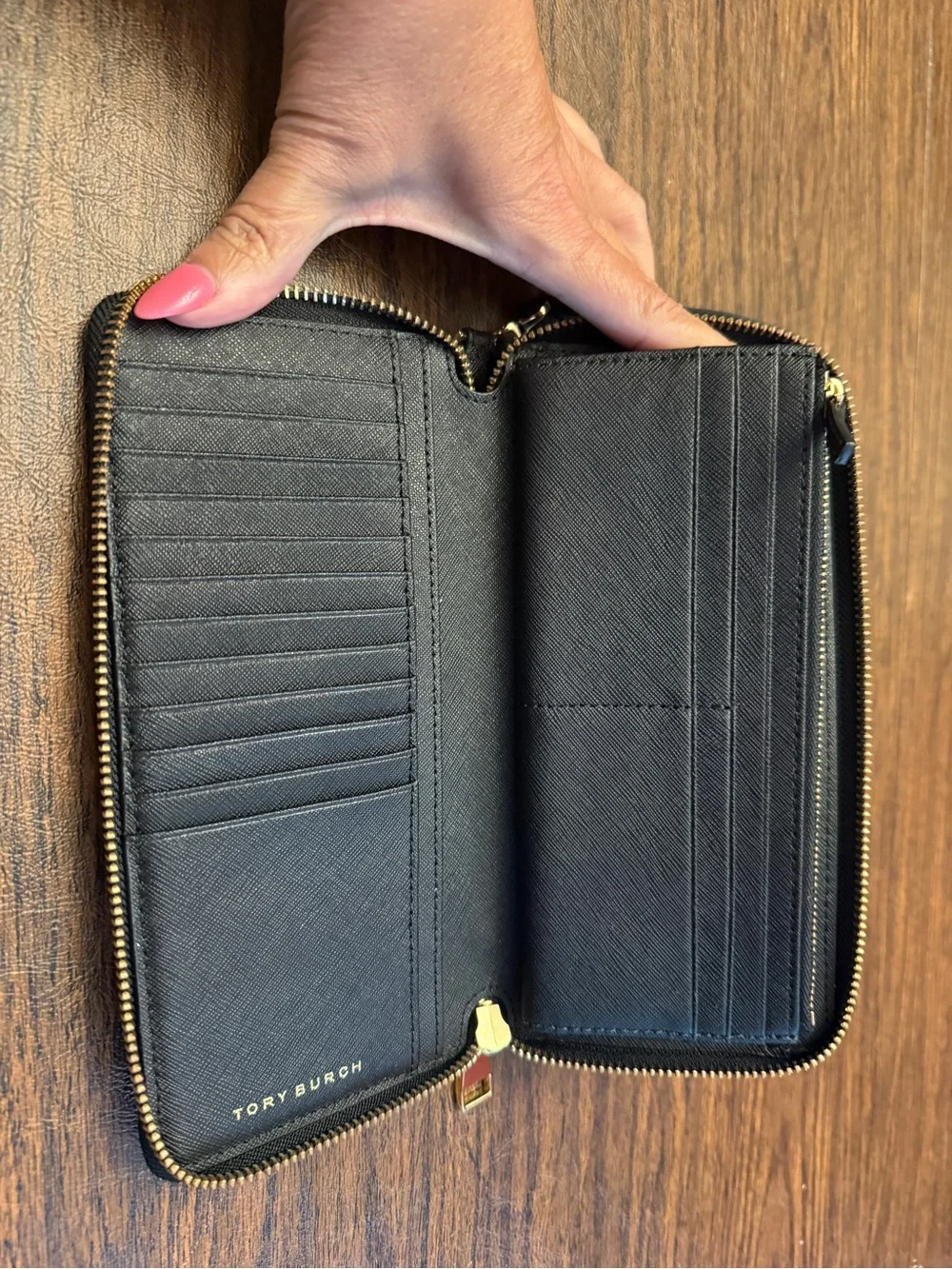 Tory Burch Black Saffiano Zip-Around Wristlet Wallet with Gold Logo